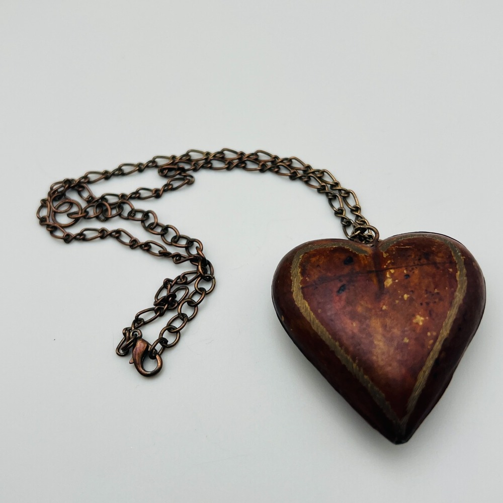 Vintage Heart Pendant Necklace Large Wood Rustic Brown Statement Long Bronze